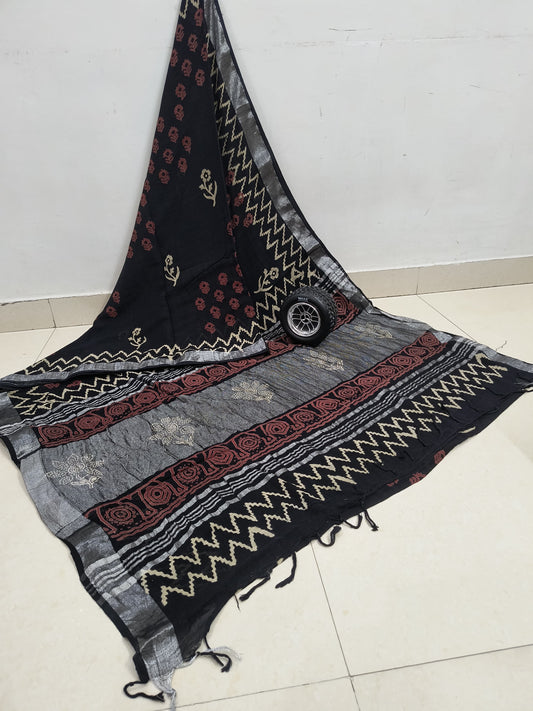 Floral Black Linen Cotton Saree