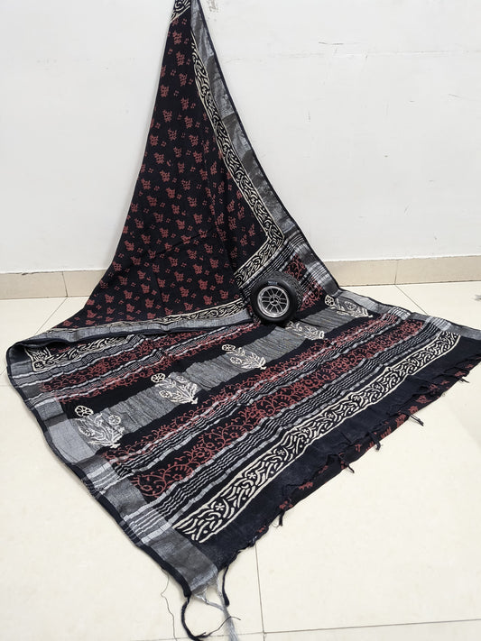 Black with floral hand block printed linen Cotton Sarees