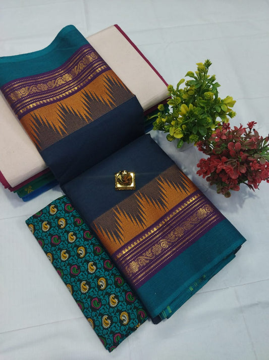 Regal Radiance: Chettinadu Cotton Saree in Prussian Blue with Multicolor Border