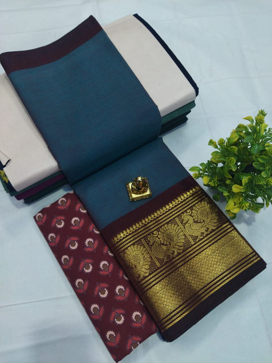 Seaside Serenity: Chettinadu Cotton Saree in Sea Blue with Seal Brown Border