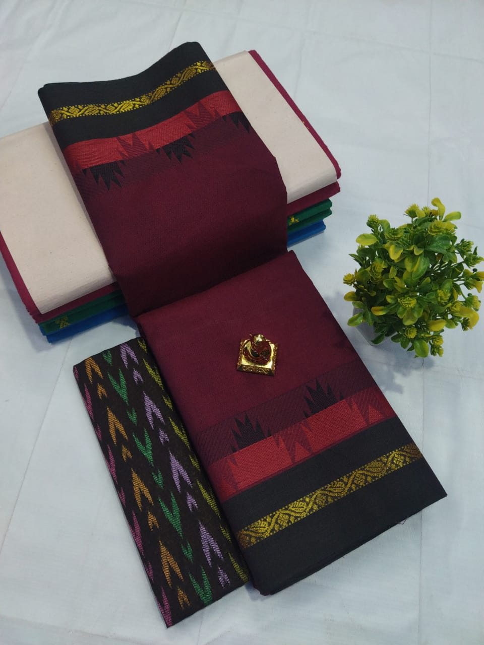 Scarlet Noir: Chettinadu Cotton Saree in Dark Scarlet Wine with Black Border