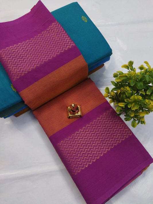 Tangy Delight: Chettinadu Cotton Saree in Orange with Raspberry Border