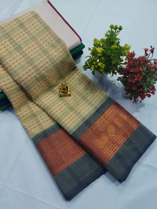 Timeless Simplicity: Chettinadu Cotton Saree in Natural with Gray Border