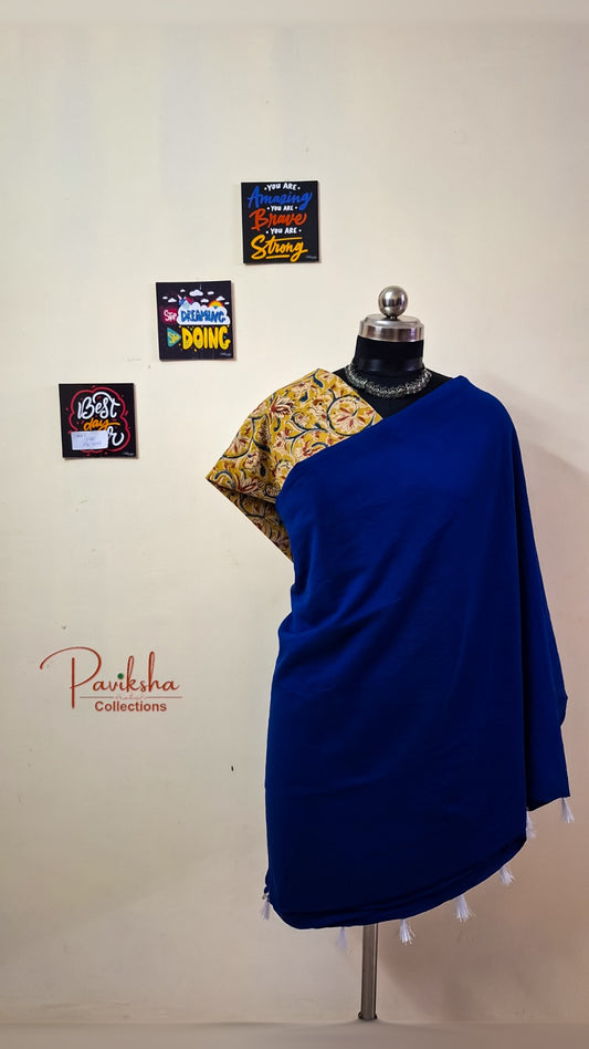 Royal Elegance: Plain Mul Saree in Royal Blue with Yellow Kalamkari Blouse