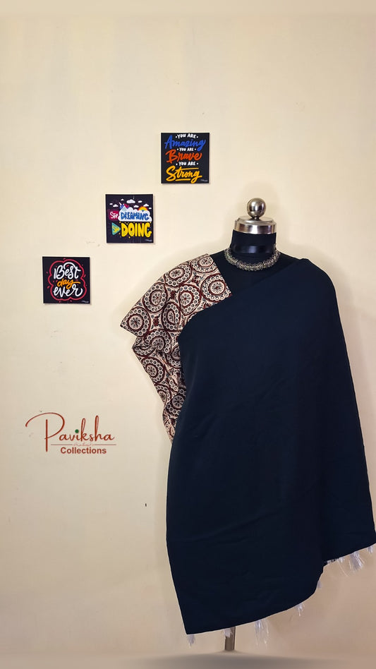 Timeless Chic: Plain Mul Saree in Black with Printed Ajrakh Blouse