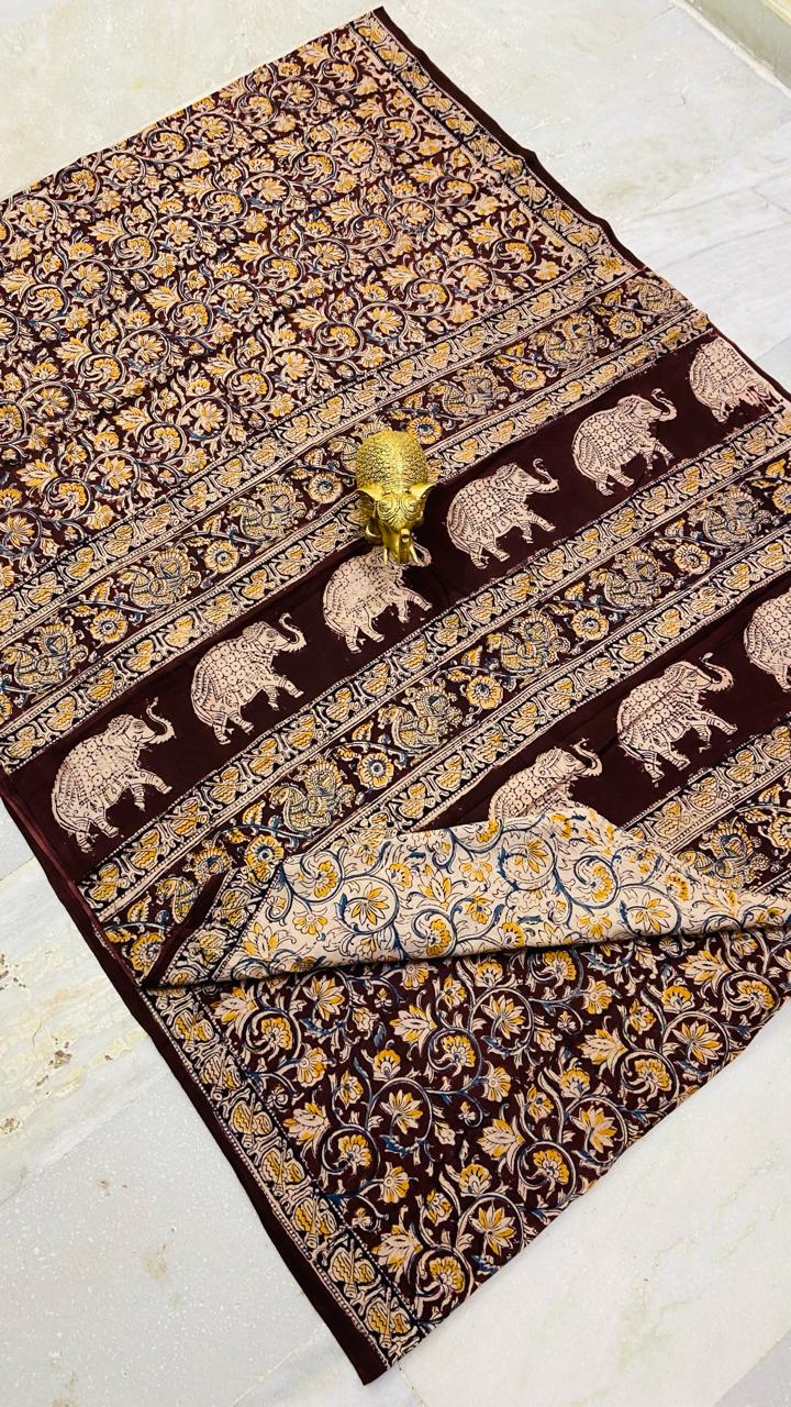 Enchanting Tusker Kalamkari Cotton Saree (PCKC-05)