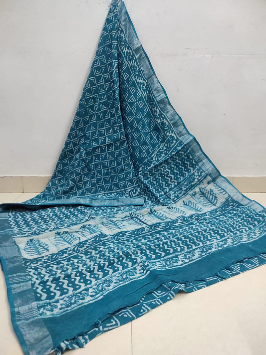 Elegant Sea Blue Floral Printed Linen Cotton Saree