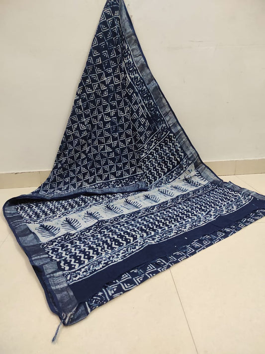 Sophisticated Blue Pyramid Printed Linen Cotton Saree