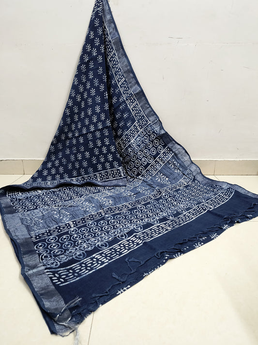 Charming Blue Floral Printed Linen Cotton Saree