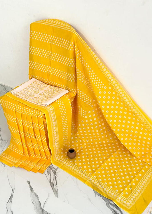 Yellow and White Bandini Mul Cotton Saree