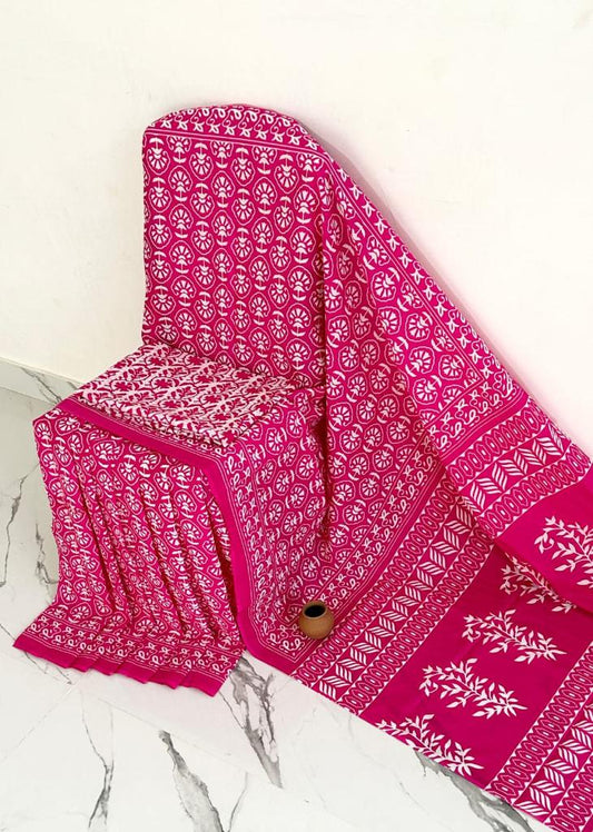 Raspberry Pink Saree with White Patterns