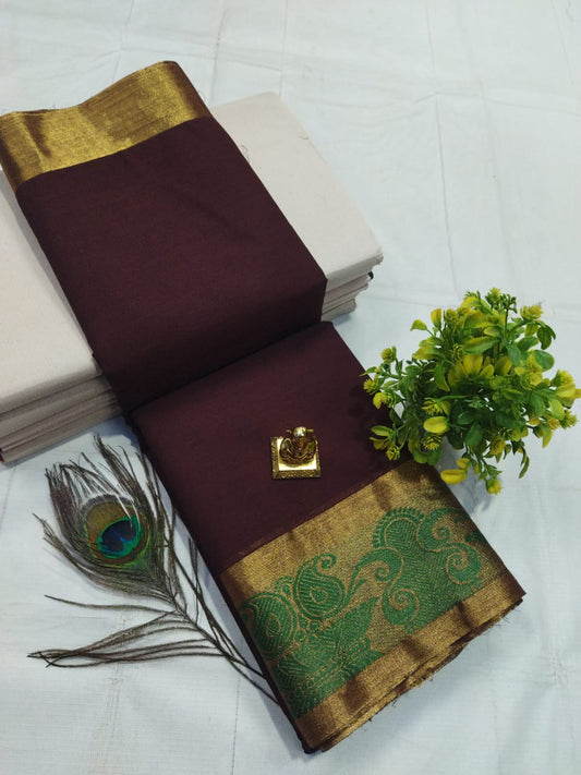 Regal Maroon Chettinadu Cotton Saree with Golden Border