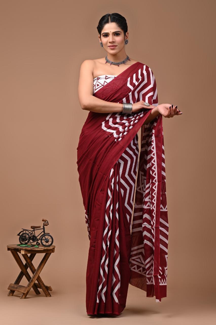 Timeless Elegance: Brown Mul Cotton Saree with White Zigzag