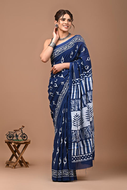 Regal Berkeley Blue Mul Cotton Saree with White Peacock Motif