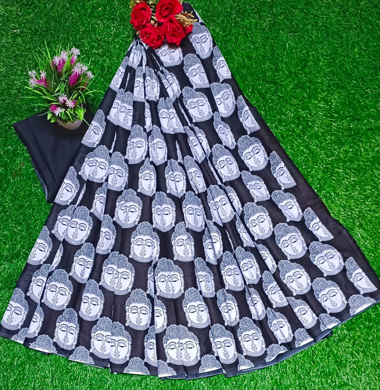 Zen Elegance: Black Mul Cotton Saree with Buddha Face Print