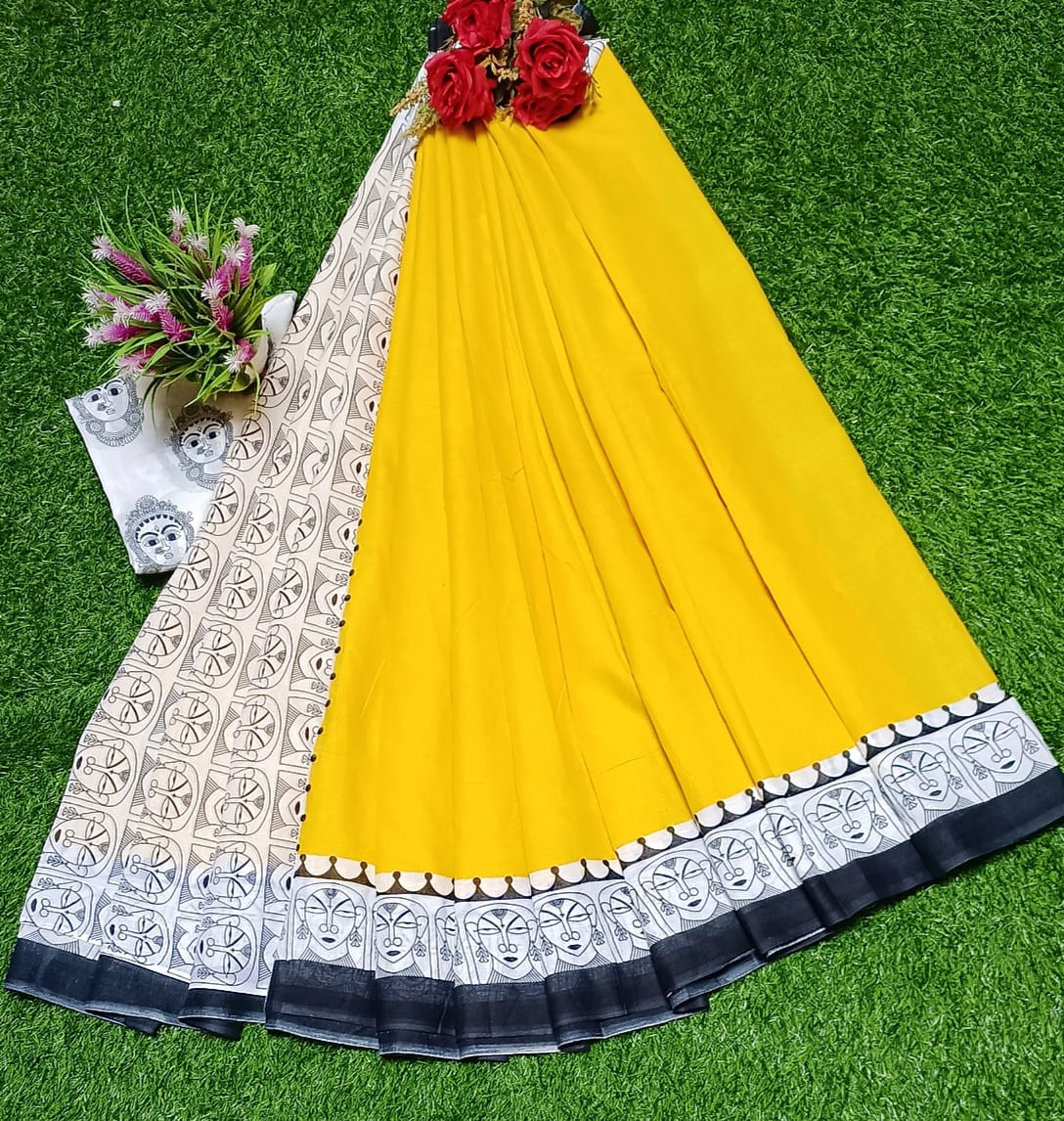 Golden Grace: Yellow Mul Cotton Saree with Lady Face Border