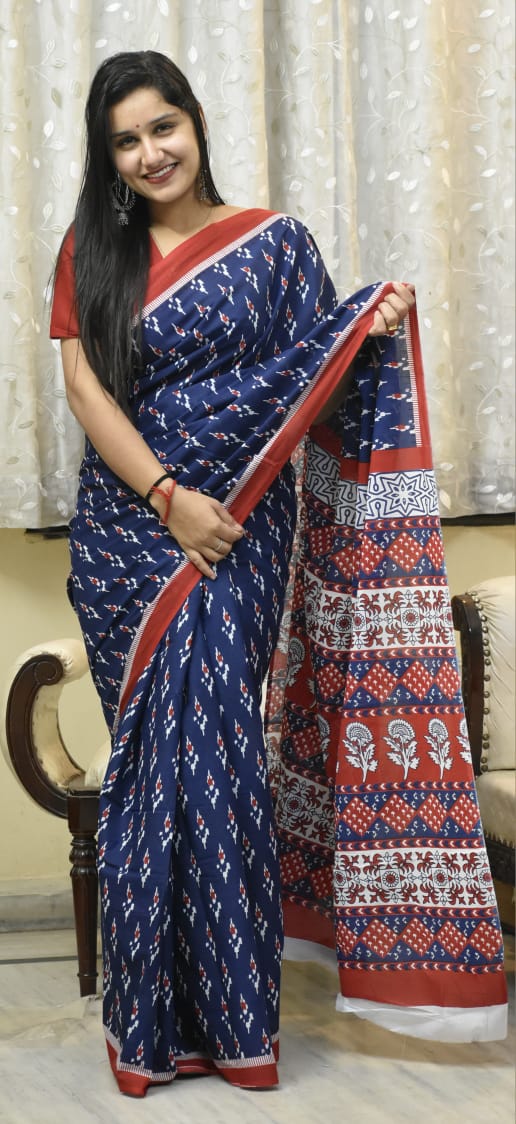 Vibrant Elegance: Blue and Red Ikat Pattern Mul Cotton Saree