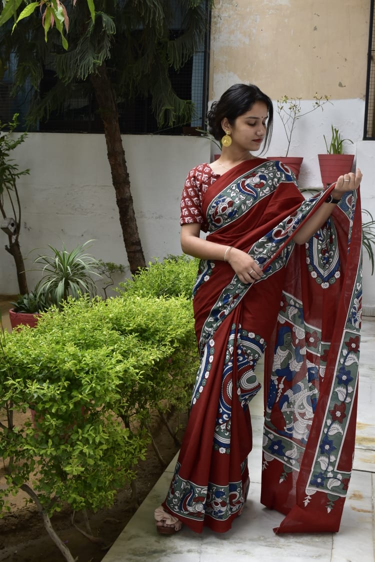 Classic Charm: Brown Mul Cotton Saree with Kalamkari Border