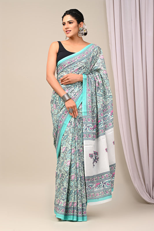 Serene Pastel Blue Mulcotton Saree with Floral Elegance