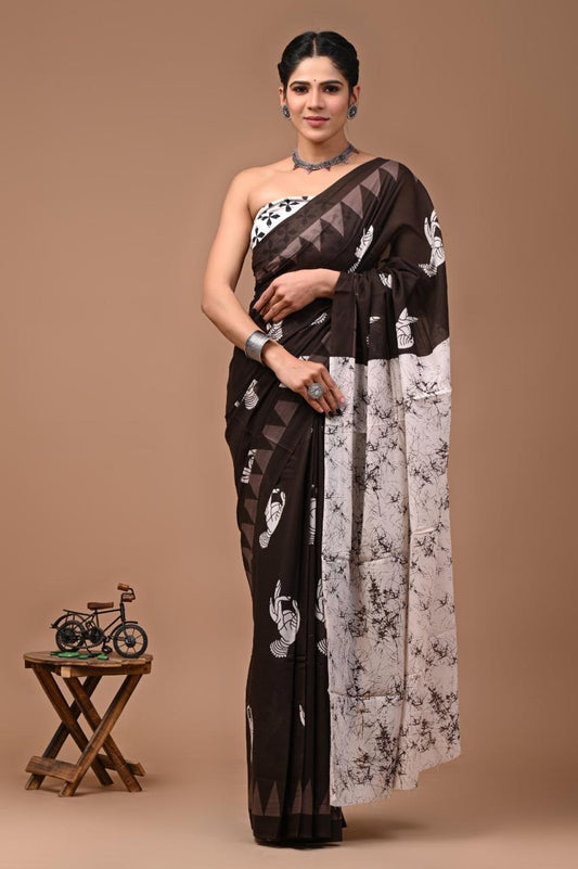 Alluring Black Mul Cotton Saree with White Mutra Prints