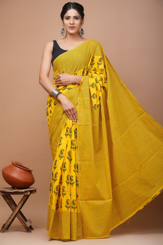 Vibrant Sunset Yellow Mulcotton Saree with Bold Black Mango Prints