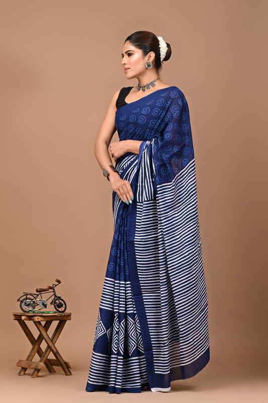 Classic Indigo Mulcotton Saree with Elegant White Pattern Border