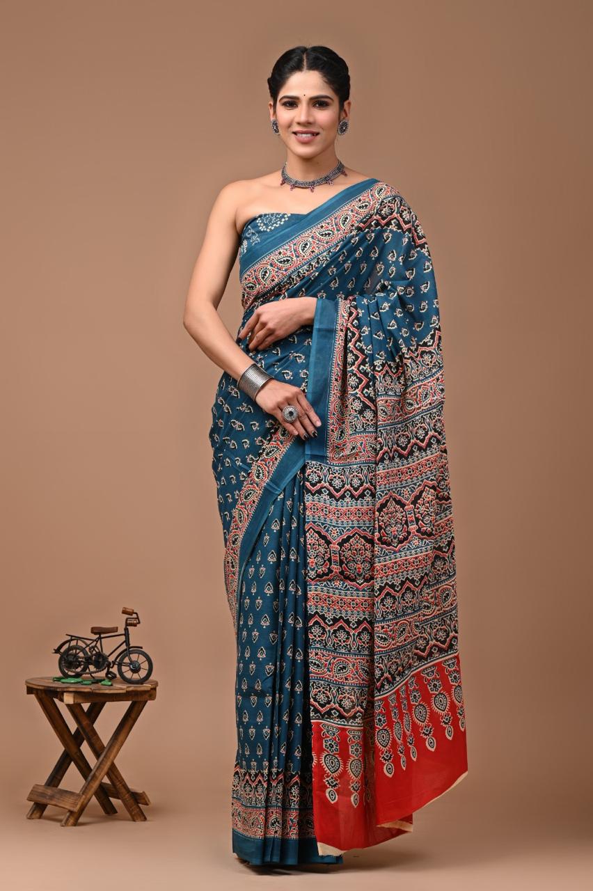 Serene Turquoise Blue Mul Cotton Saree with Delicate Motifs