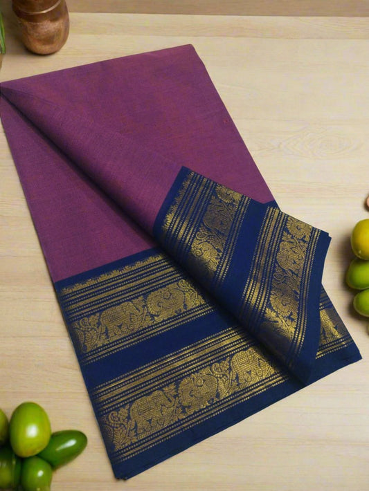 Majestic Violet and Blue Chettinadu Cotton Saree with Elephant and Peacock Motif Border