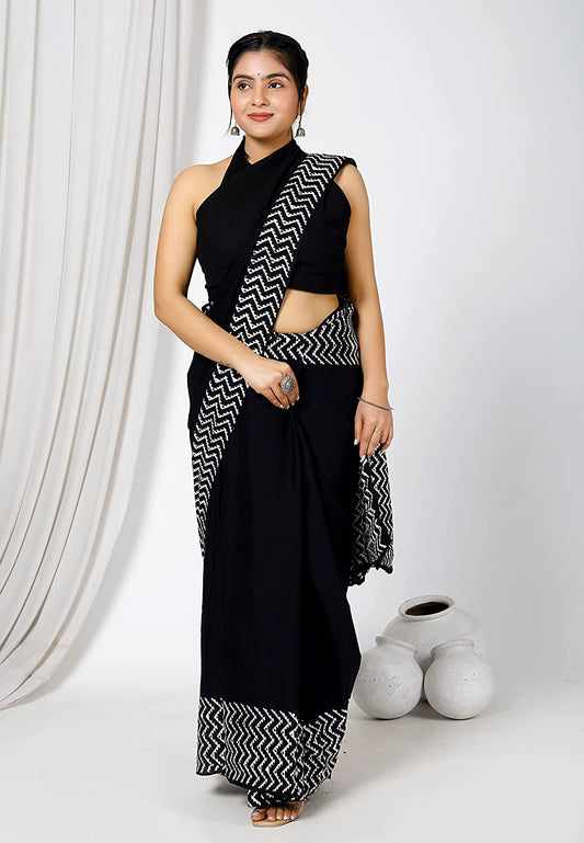 Timeless Black Super Soft Cotton Saree with White Hand Block Border