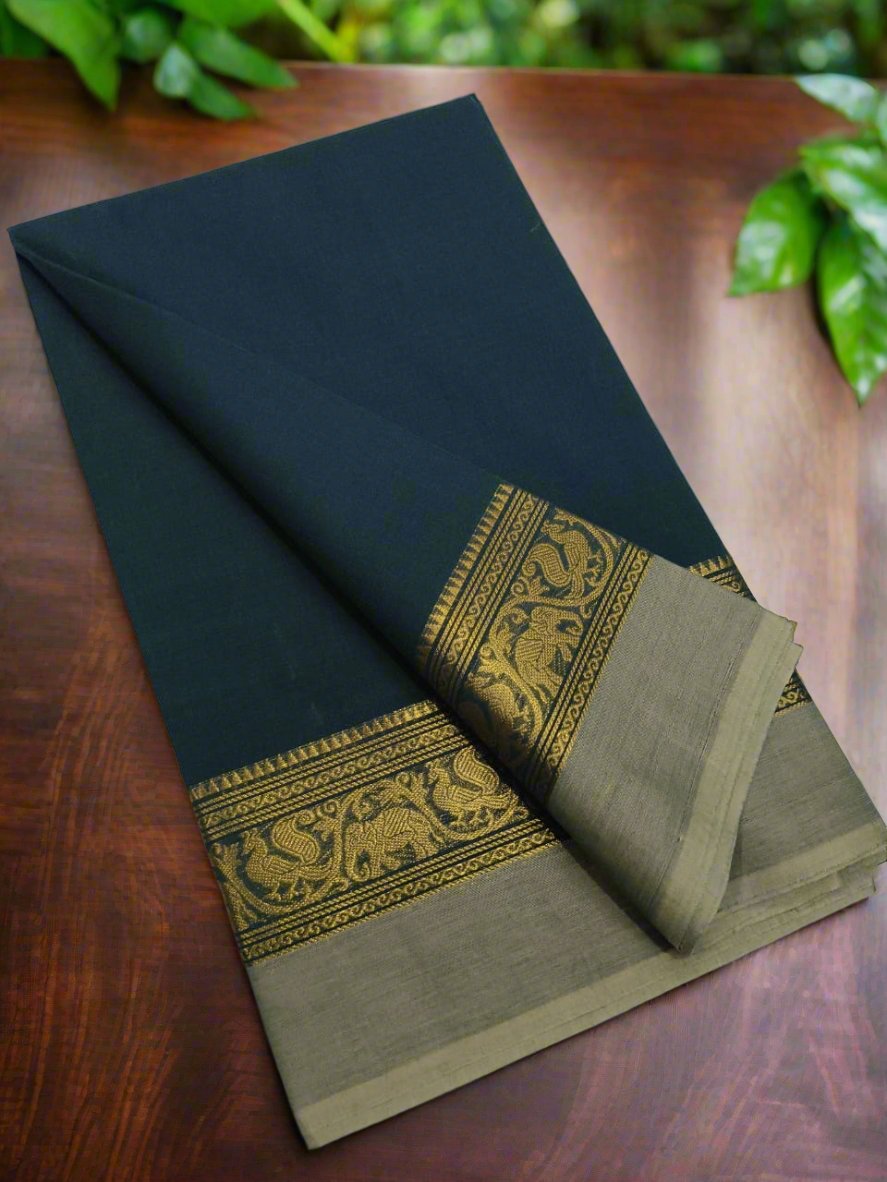 Vibrant Green Chettinad Cotton Saree with Elephant Motif Border