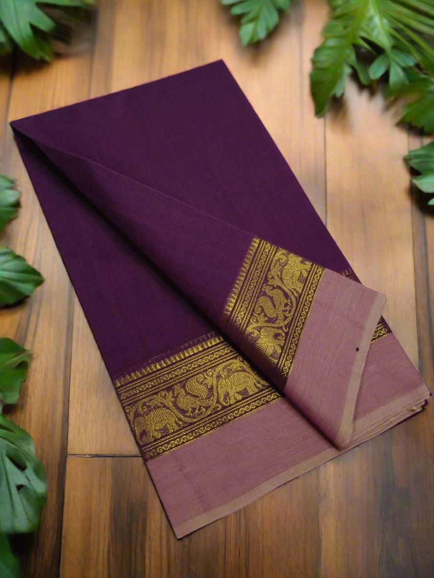 Royal Purple Chettinad Cotton Saree with Elephant Motif Border