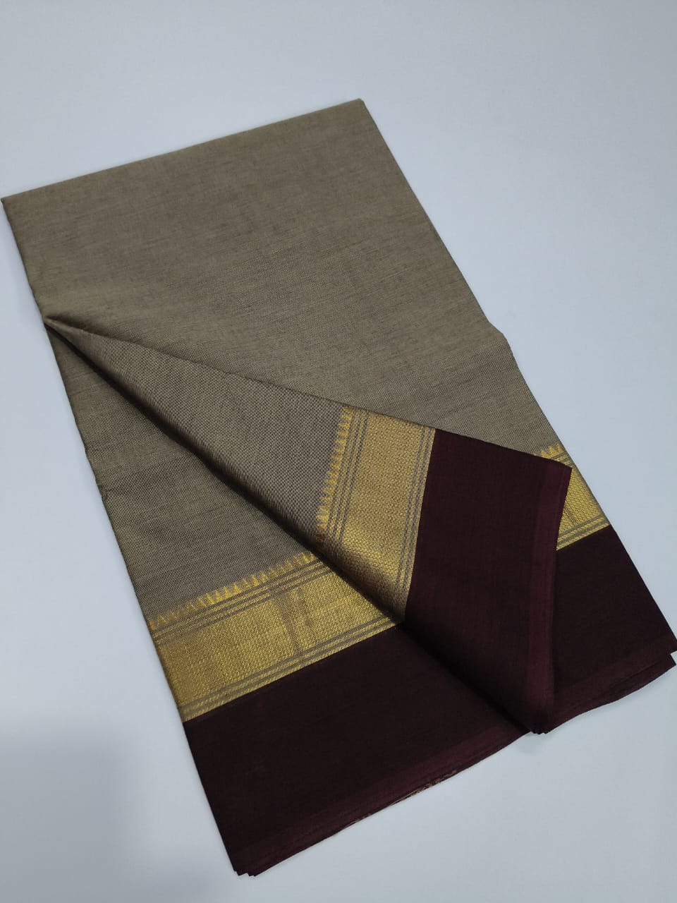 Graceful Gray Chettinad Cotton Saree with Chocolate Brown Border