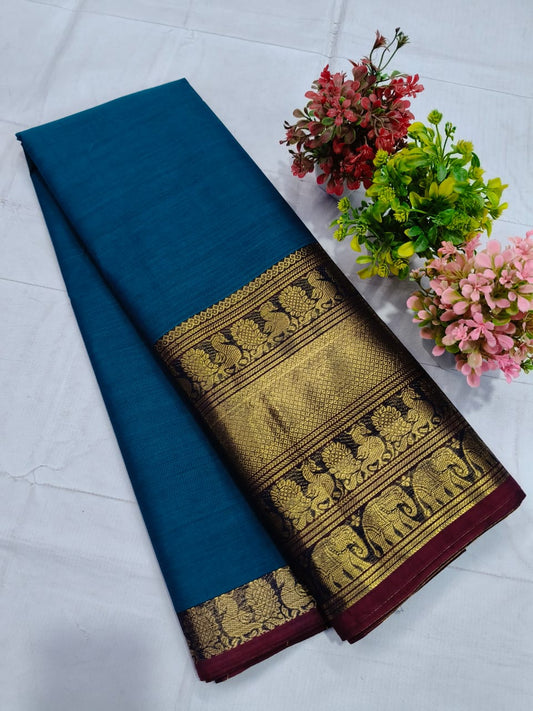 Bold Elegance: Blue and Red Wine Chettinadu Cotton Saree with Heavy Zari Border