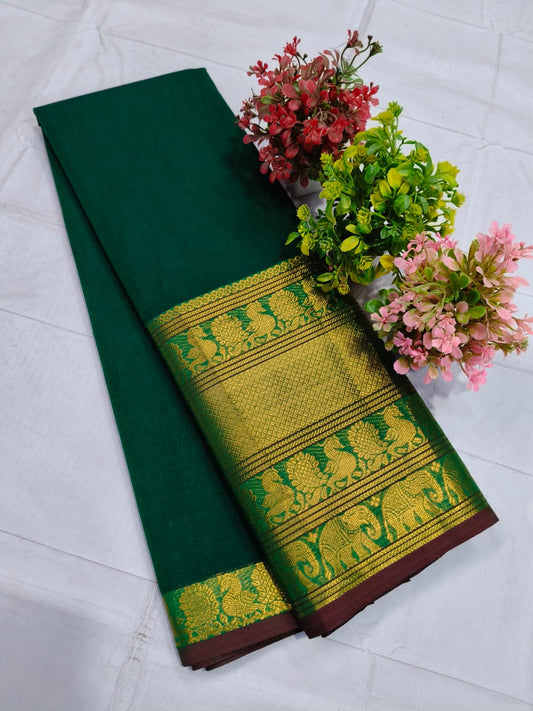 Vibrant Grace: Green Chettinadu Cotton Saree with Heavy Zari Border