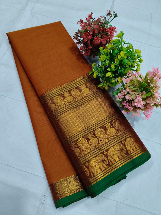 Radiant Charm: Sunset Yellow Chettinadu Cotton Saree with Green Zari Border