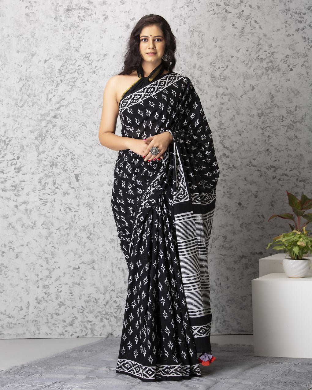 Elegant Black Super Soft Cotton Saree with White Hand Block Floral Design