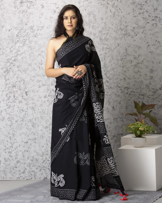 Artistic Black Super Soft Cotton Saree with White Face Motif Hand Block