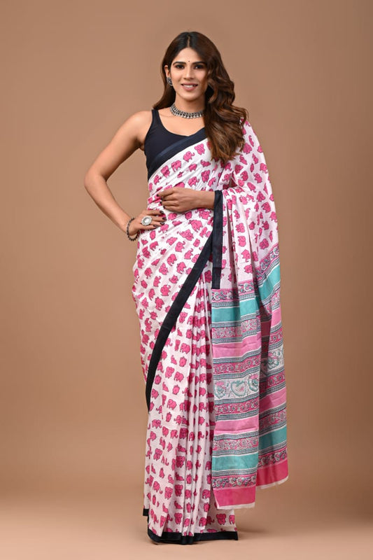 Whimsical Delight: White Mulcotton Saree with Pink Elephant Motifs