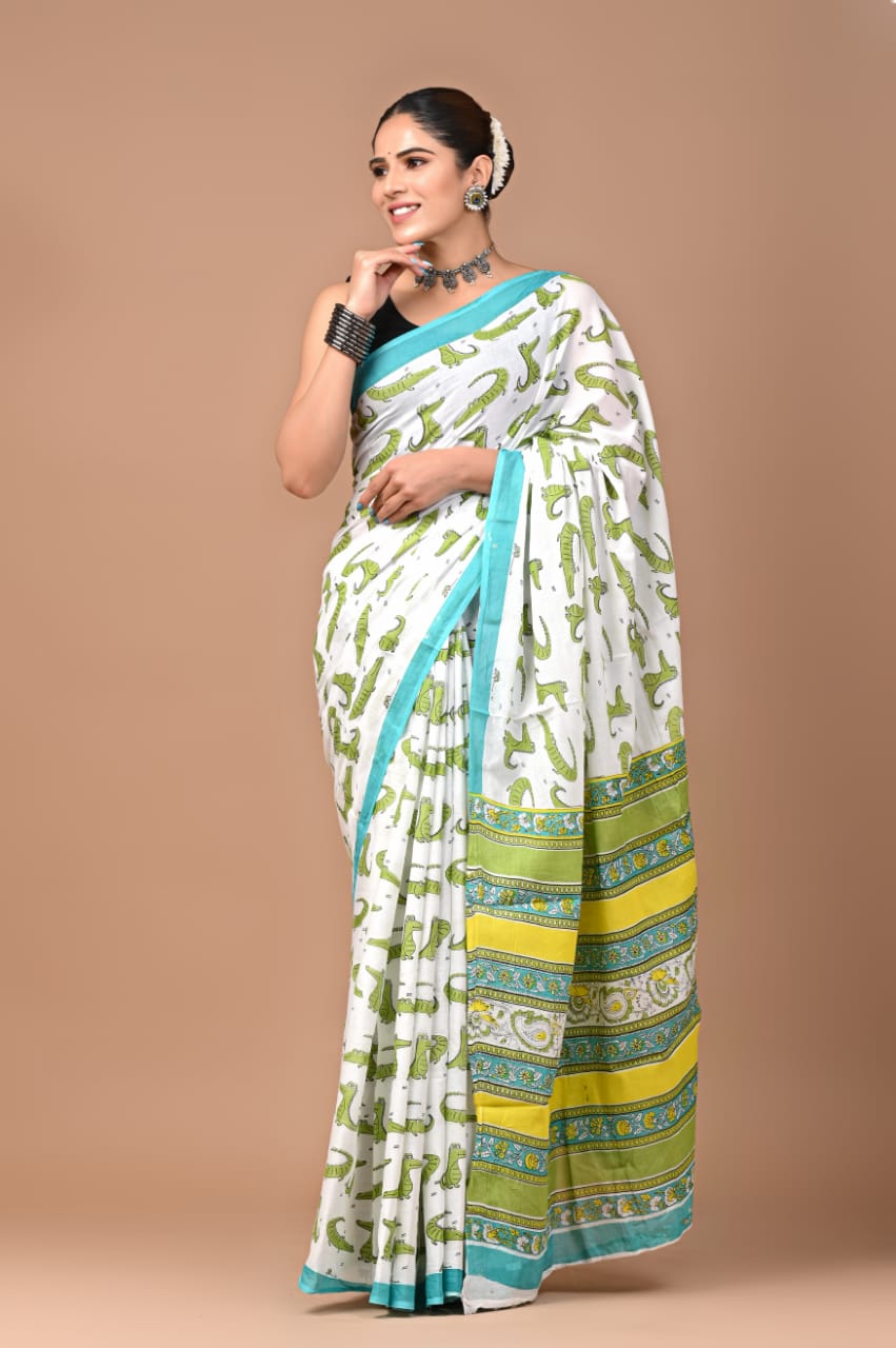 Caption: Playful Vibes: White Mulcotton Saree with Funky Crocodile Prints