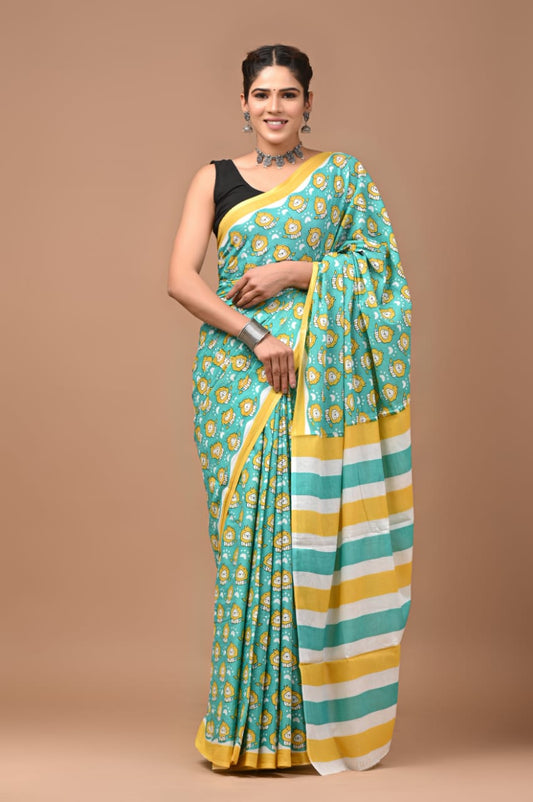 Garden Bliss: Green Mulcotton Saree with Yellow Floral Prints