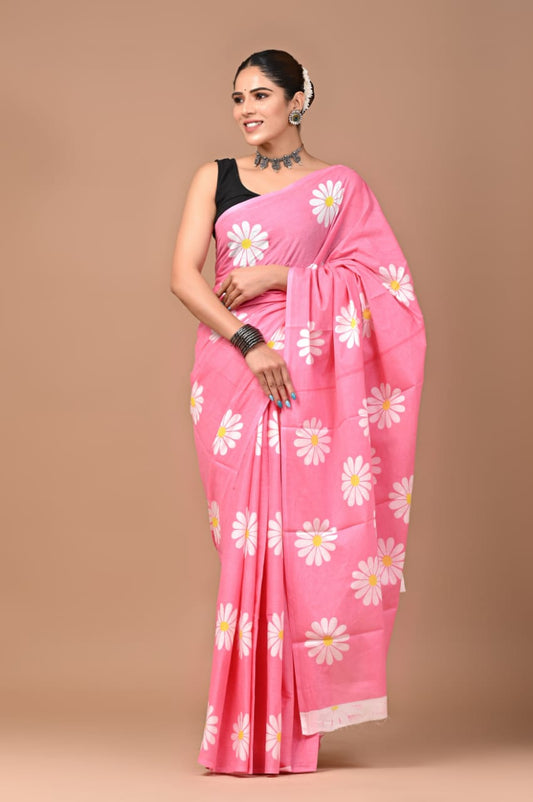 Playful Elegance: Pink Mulcotton Saree with Animated Floral Prints