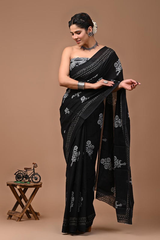 Bold Blossom: Black Mulcotton Saree with Floral Prints