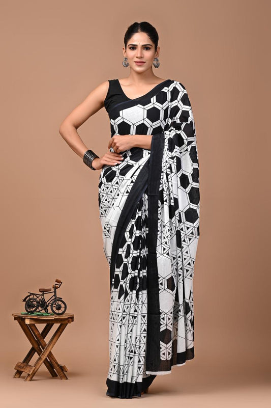 Modern Edge: Black Mulcotton Saree with Hexagon Prints