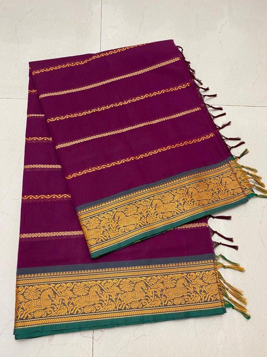 Unleash your inner elegance with our Purple Kanchi Cotton Saree featuring Velthaari patterns