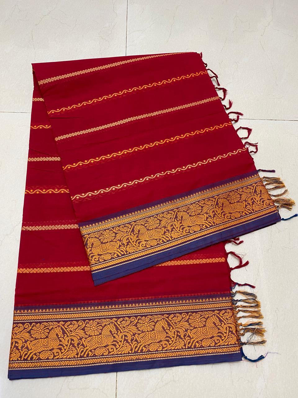 Make a bold statement with our Red Kanchi Cotton Saree featuring Velthaari patterns.