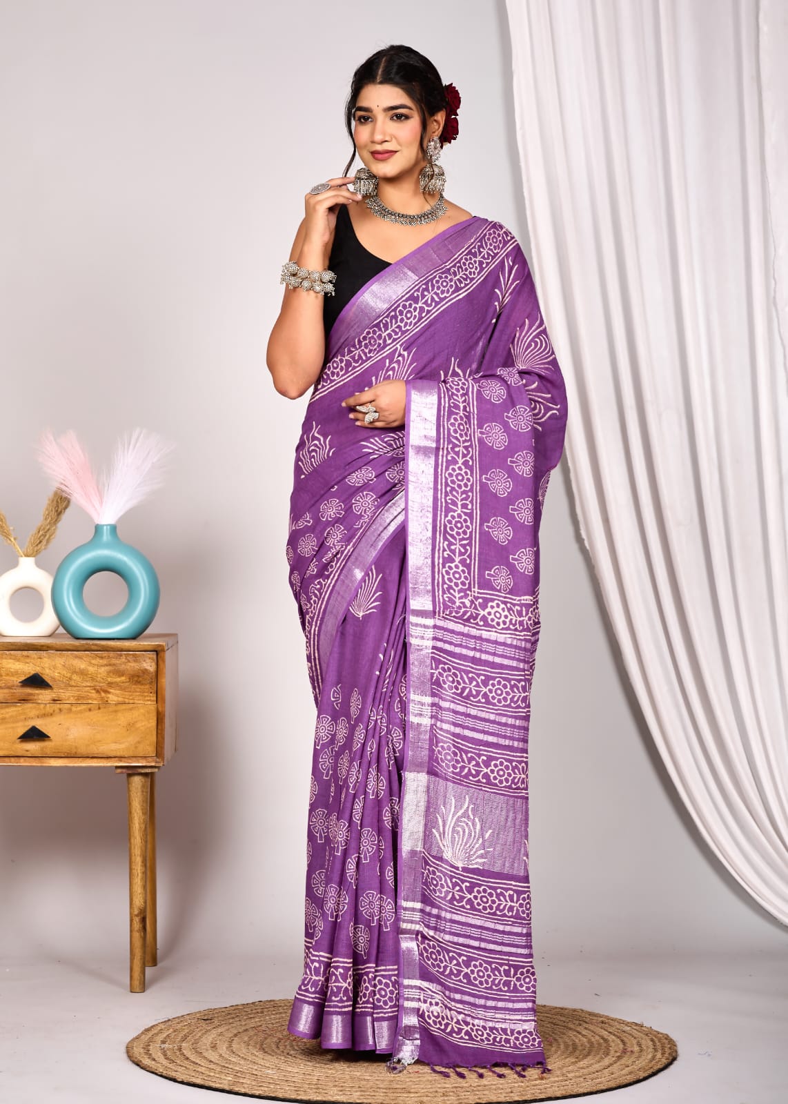 Delicate Lavender Linen Cotton Saree with White Hand Block Print