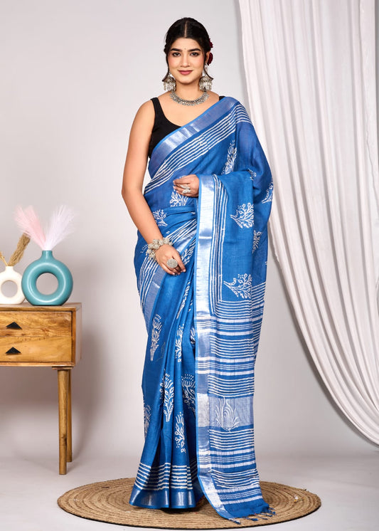 Serene Azure Linen Cotton Saree with White Hand Block Print