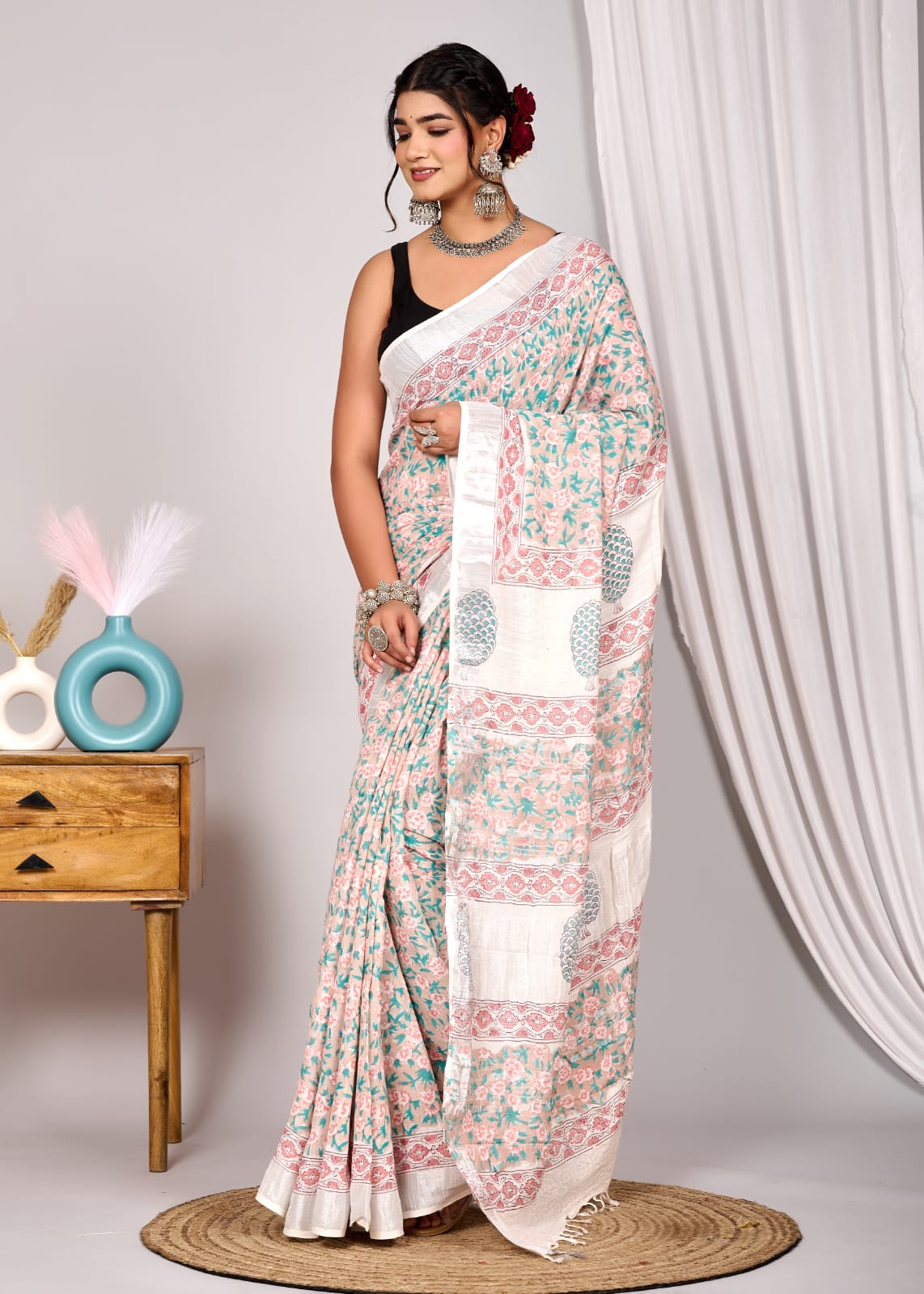 Charming Beige Linen Cotton Saree with Floral Hand Block Print