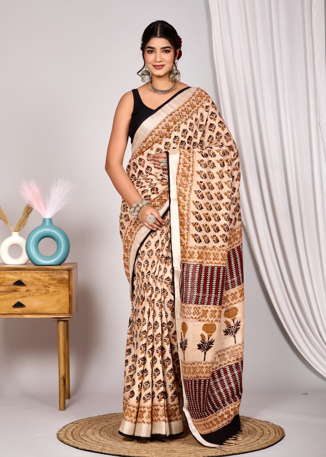 Warm Wheat Brown Linen Cotton Saree with Floral Hand Block Print