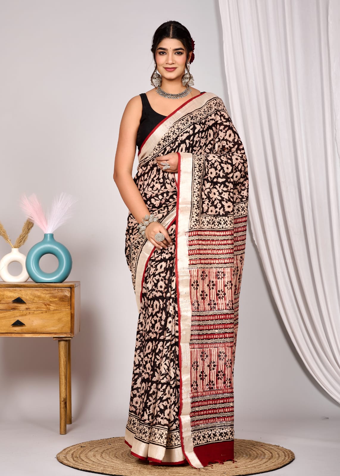 Elegant Black Linen Cotton Saree with Floral Hand Block Print